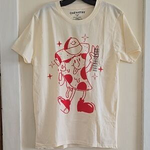 NWOTs Unisex Chemistry Pizza Peace Sign Cream, Red Graphic Men's T-Shirt Medium